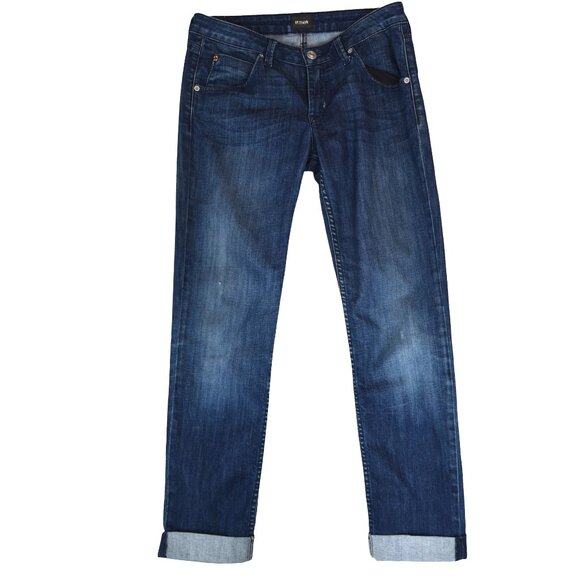 Hudson Jeans Denim - Bacara Crop Straight Cuffed Jeans Size 28 Dark Wash Distressed Hem Casual Denim
